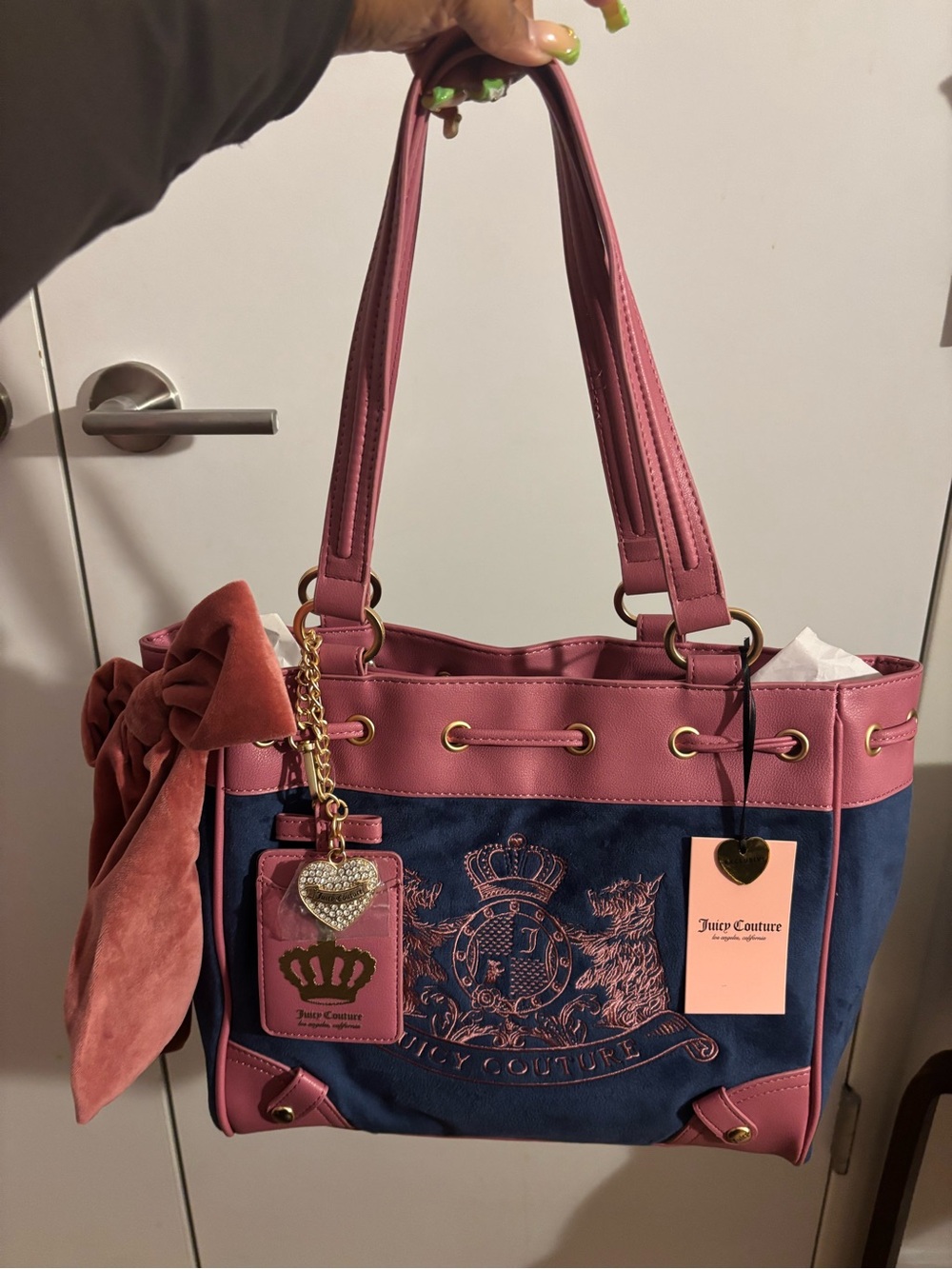 Juicy Couture Scottie dogs Pink & Navy Tote Bag color is regal blue/chateau - Picture 3 of 11